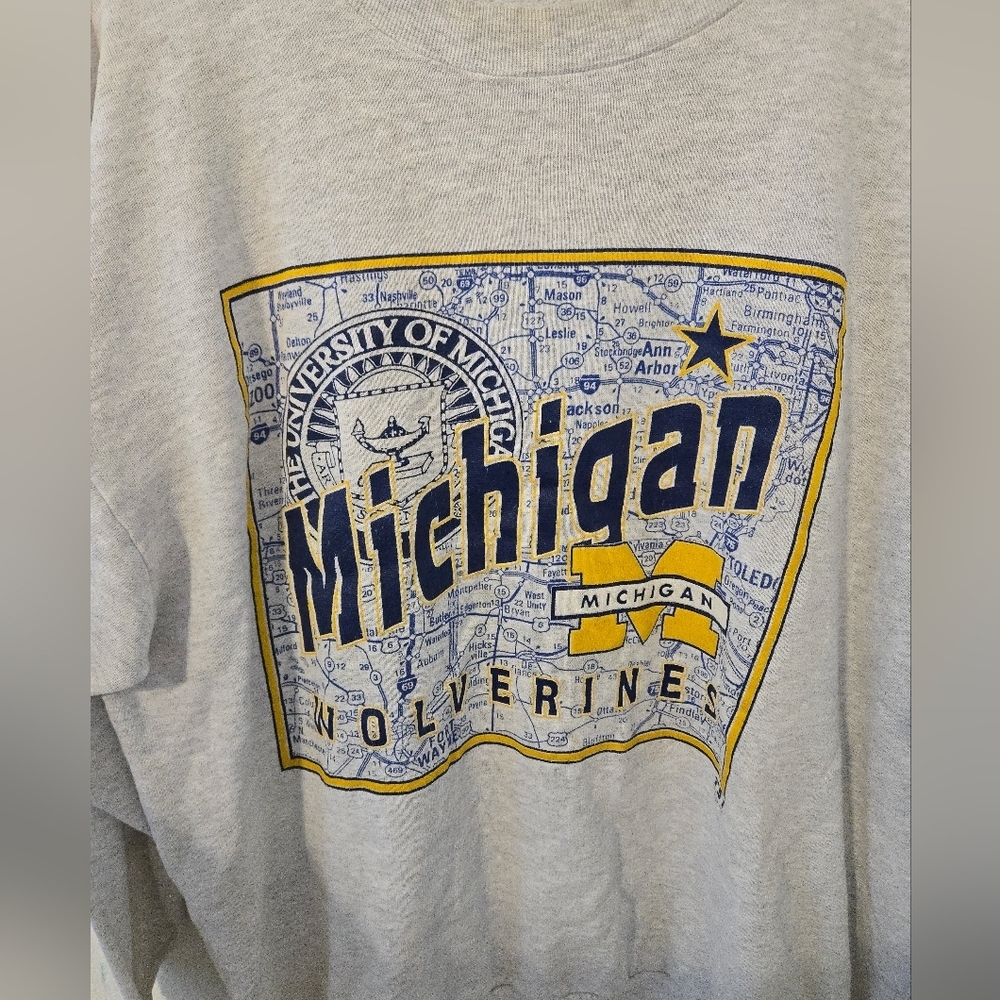 Vintage 90s Michigan Wolverines University Sweatshirt City Map Mens XL TSI Natur - Picture 5 of 9